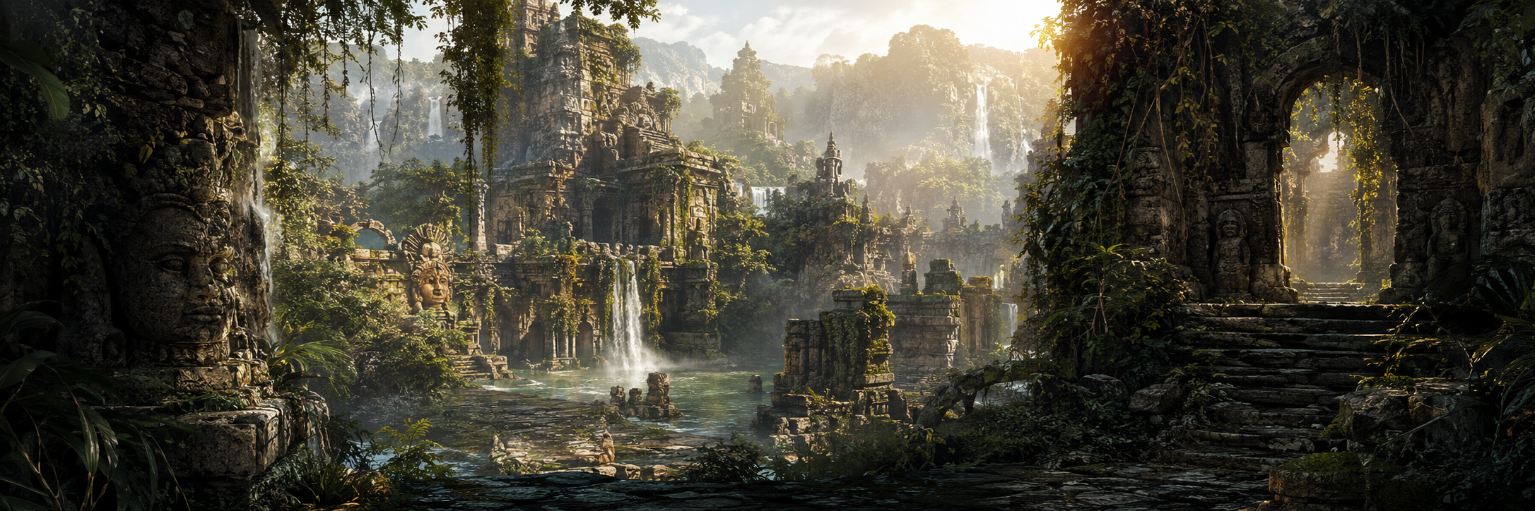 Sunlit jungle temple ruins with waterfalls