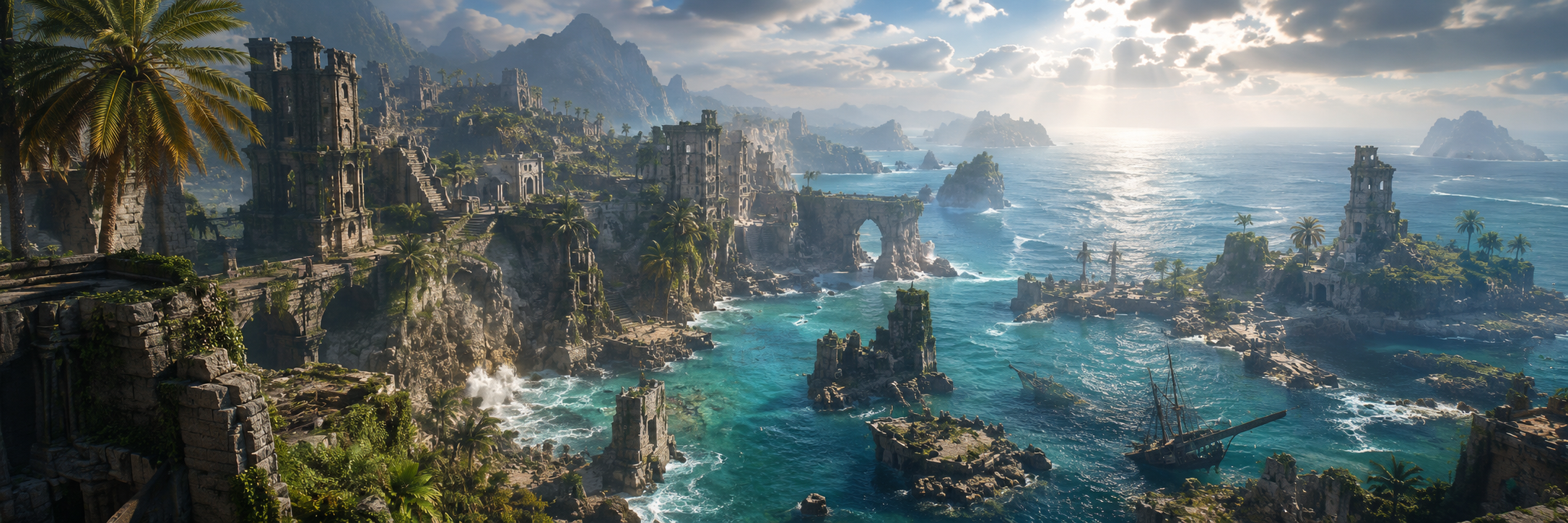 Ruined coastal city over turquoise sea with a shipwreck