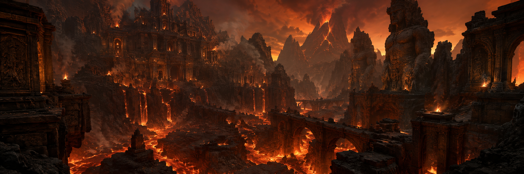 A burning city over rivers of lava
