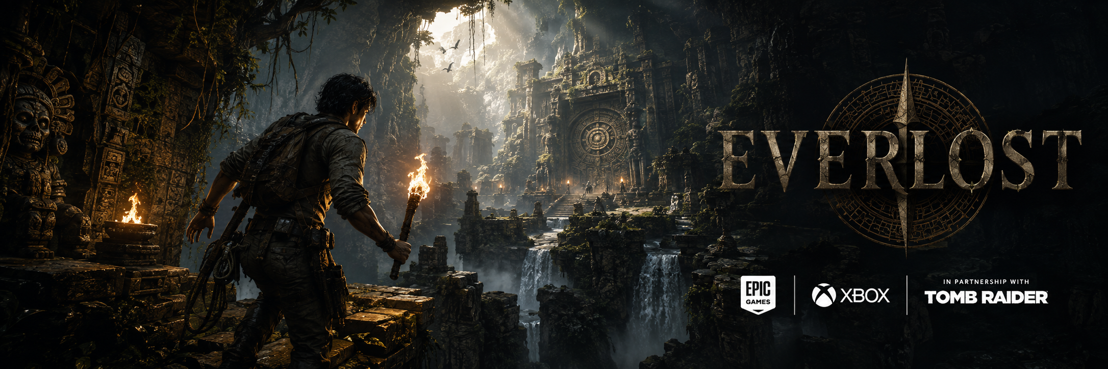 Everlost key art — a torch-bearing explorer overlooking a jungle temple city
